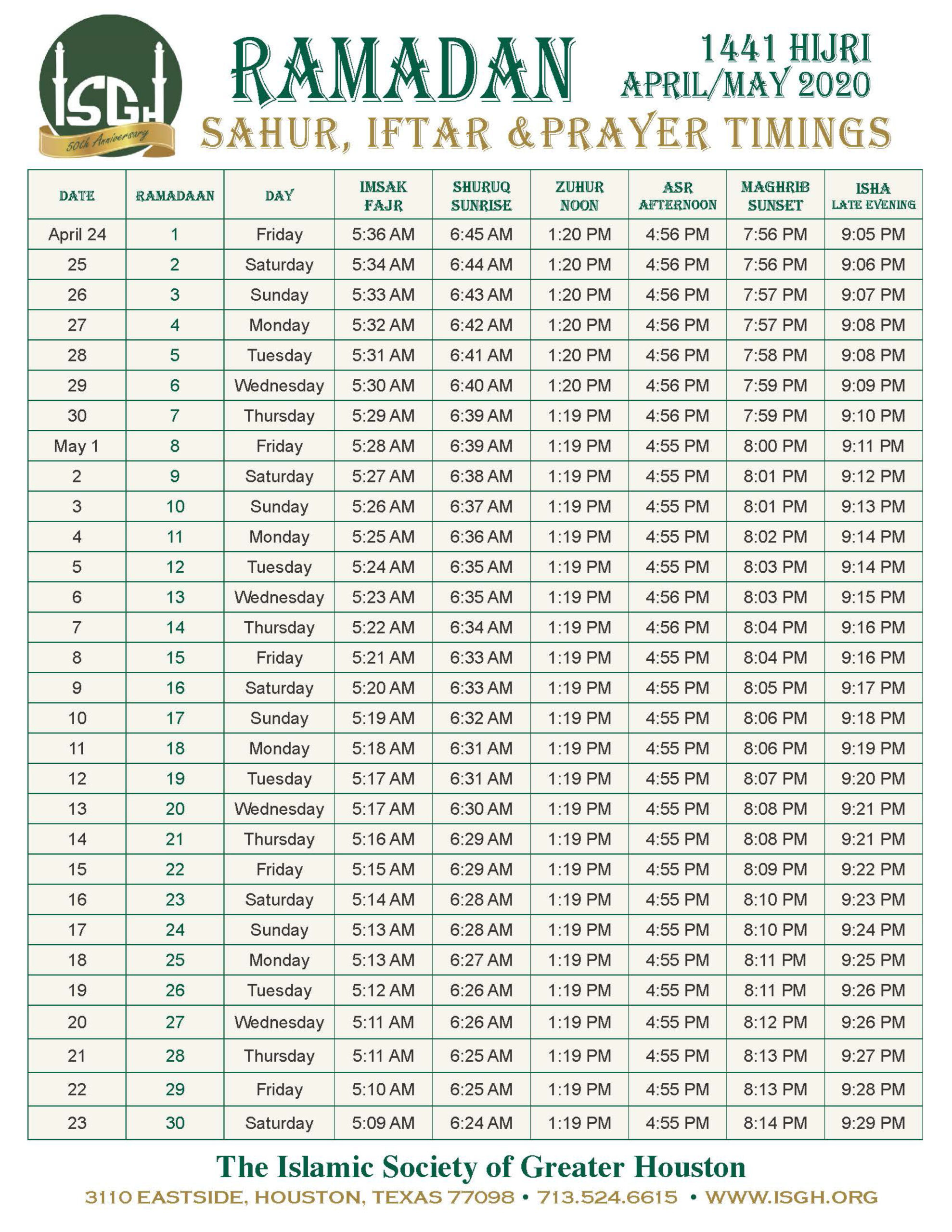 ramadan 2021 calendar houston Ramadan Schedule 1441 2020 Islamic Society Of Greater Houston ramadan 2021 calendar houston