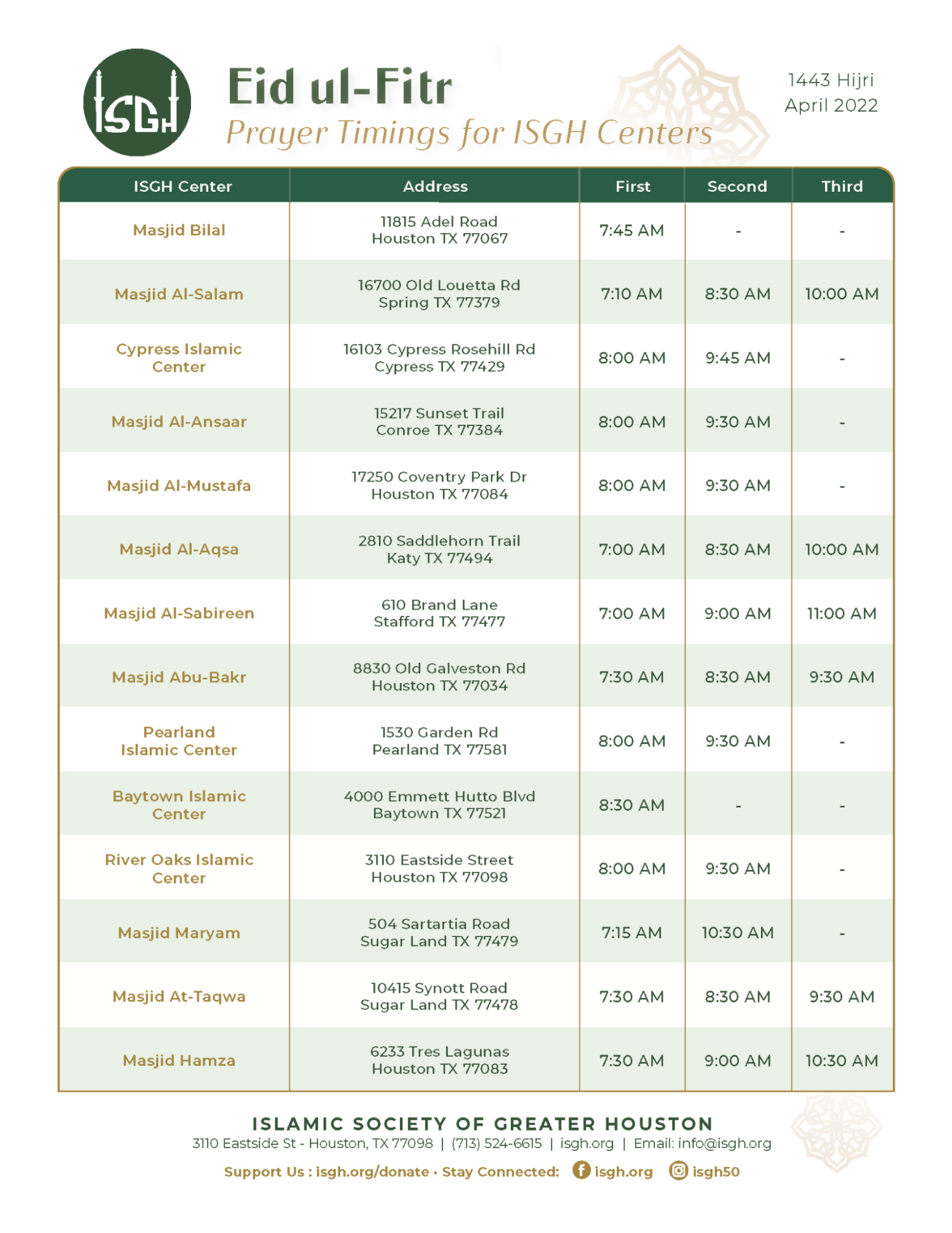 Eid Ul Fitr Prayer Timings Islamic Society Greater Houston