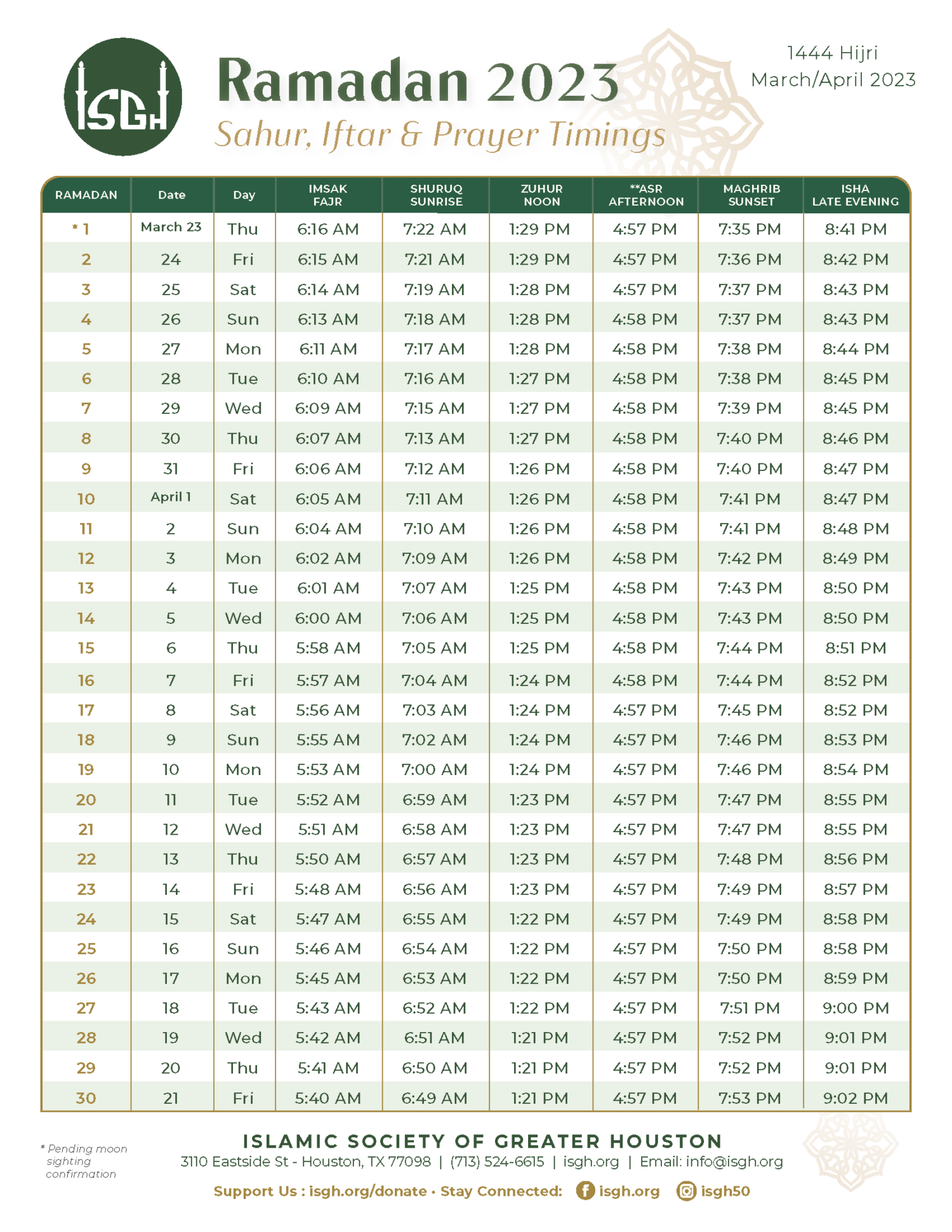 Ramadan Schedule 2023 – Islamic Society Greater Houston