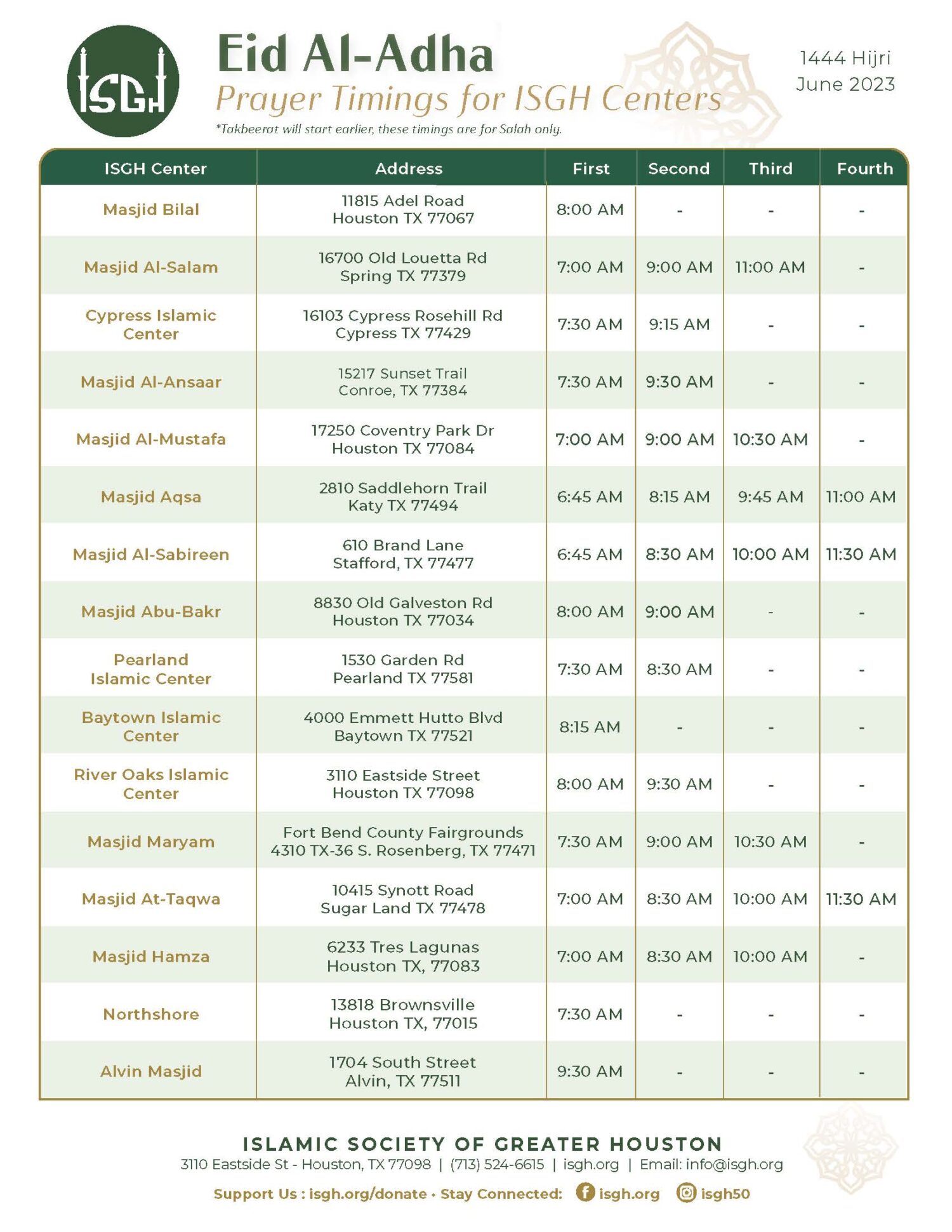 Eid AlAdha Prayer Timings 2023 Islamic Society Greater Houston