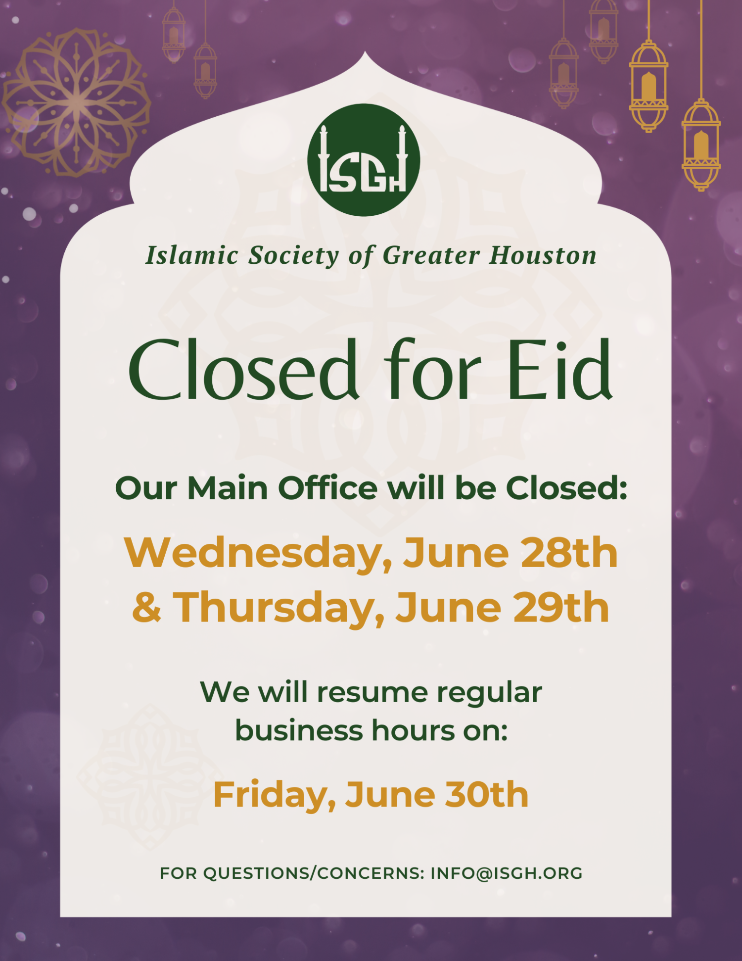 Closed for Eid AlAdha 2023 Islamic Society Greater Houston