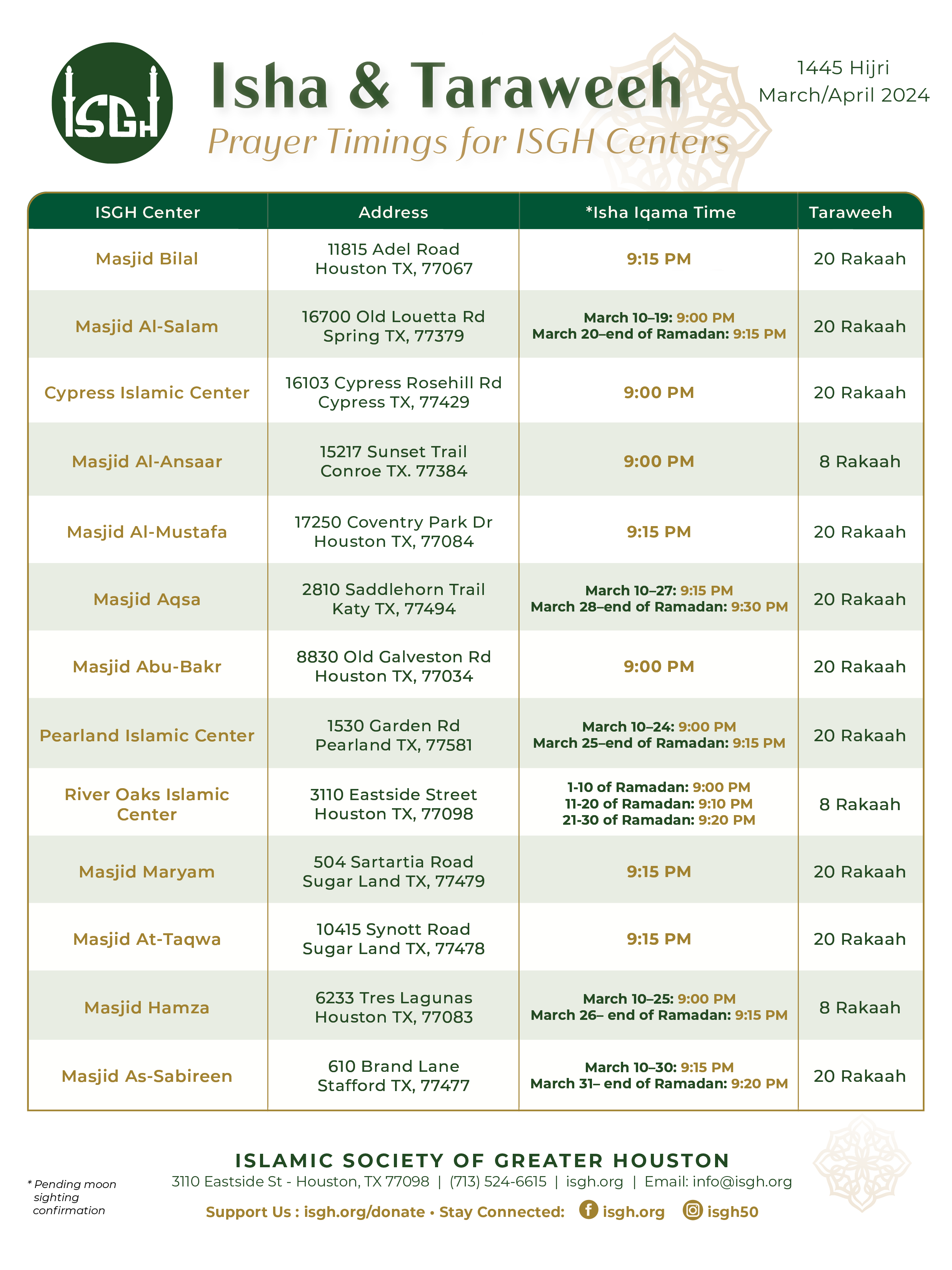 2024 Isha & Taraweeh Prayer Timings for ISGH Centers Islamic Society